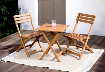 Serene outdoor breakfast nook featuring natural wooden foldable furniture