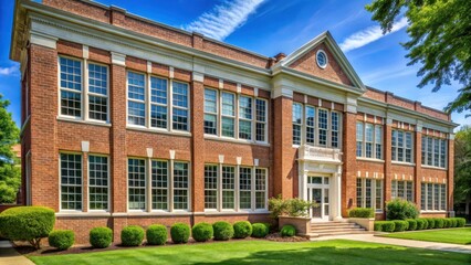 Fototapeta premium Exterior of American school building with brick facade and large windows, classic design, greenery surroundings