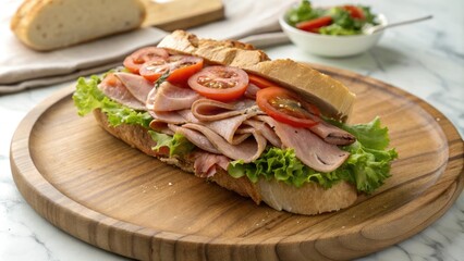 Freshly made gourmet pork sandwich on wooden plate, gourmet pork sandwich, juicy pork, mouthwatering sandwich, melted cheese