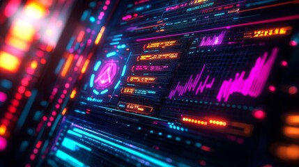 Fototapeta premium A vibrant digital marketing dashboard displaying content engagement metrics, holographic charts and graphs, futuristic workspace in the background, Neon Cyberpunk Style