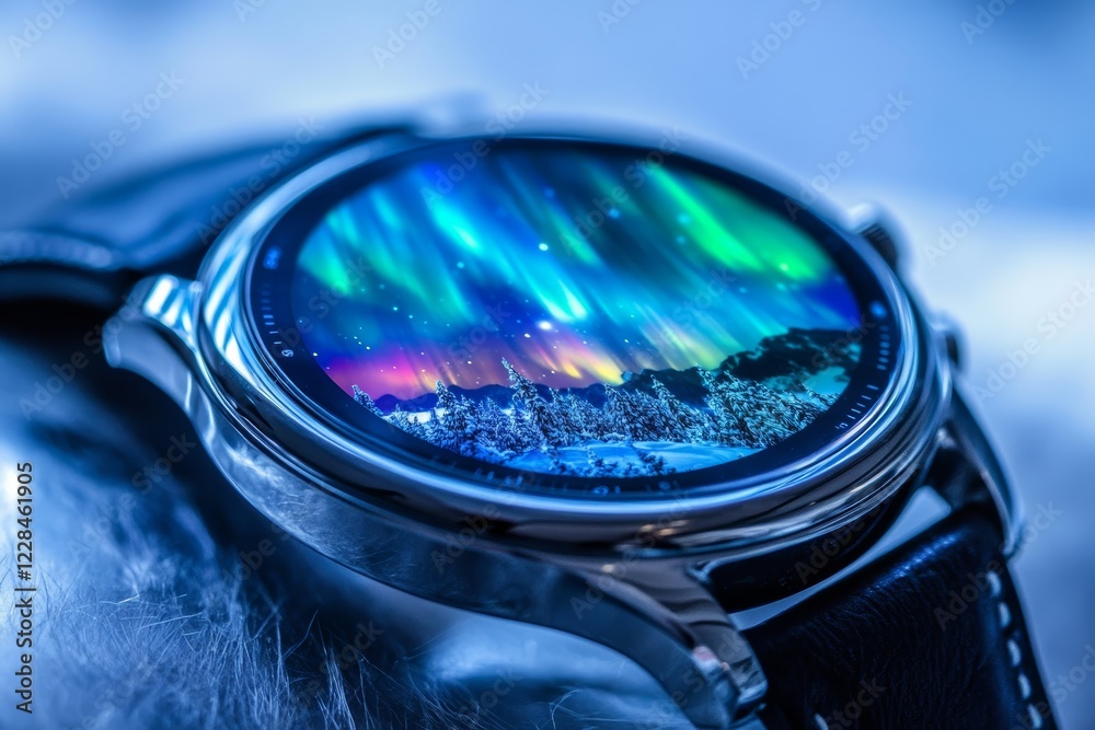 Wall mural wristwatch displaying northern lights in stunning detail