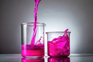 fuchsia slime substance pouring from a container into a glass beaker, fuchsia, pigment, experiment, chemical, laboratory