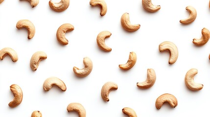 Roasted cashew nuts isolated on white background forming a pattern