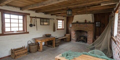 Obraz premium Cozy interior of a rustic farmhouse featuring wooden furniture and a traditional fireplace
