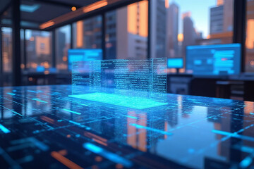 Obraz premium futuristic office with holographic display showcasing data analysis. blue light creates high tech atmosphere
