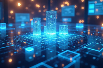 Obraz premium Digital data visualization with glowing blue bars and circuits, showcasing technology and innovation