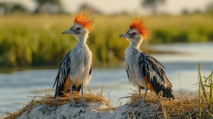 Two Grey Crowned Cranes with orange plumage and red eyes standing on a rocky surface
