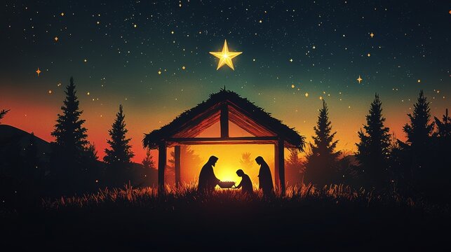 A minimalist nativity banner with a glowing wooden manger, silhouettes of the holy family, and the words Jesus is the reason for the season