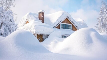 A house buried under thick layers of snow after a powerful avalanche, with only the roof and chimney visible amidst the white landscape