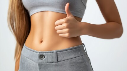 Fototapeta premium closeup of the hip of a Unrecognizable Young Lady In Oversize Pants Gesturing Thumbs-Up, Studio Shot, white backround