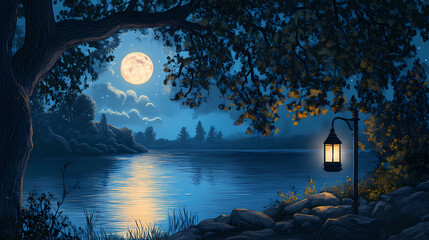 A serene night scene featuring a glowing moon reflecting on calm water, framed by trees and a lantern, creating a tranquil atmosphere. Whispering Harbor. Illustration