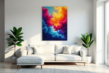 Modern white living room with a stylish sofa and a colorful poster on the wall in a bright and airy setting , home decor ideas, interior design inspiration, minimalist decor