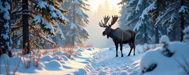 Moose in dense snow-covered woods, wildlife, nature