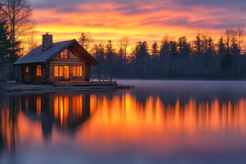 Fototapeta premium Wooden cabin by the lake during sunset with reflection on water