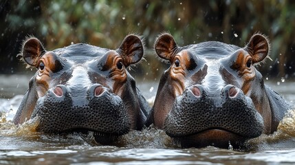 Fototapeta premium Two Hippos Emerging from Water with Visible Ears Eyes and Snouts Close Up