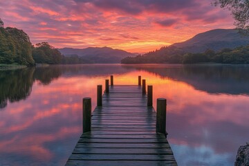Obraz premium Pier over a calm lake at sunset with vibrant sky