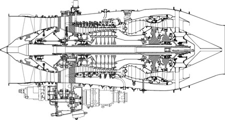 vector illustration sketch drawing detail construction of turbofan engine 