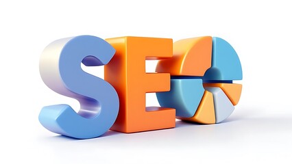 SEO text with segmented pie chart in yellow, blue, and beige on white background. 3D Rendering