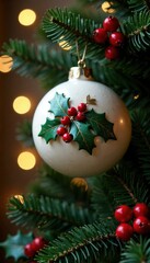 Ornament with holly leaves and berries, christmas decor, ornament elements