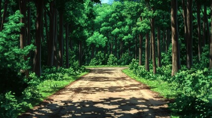 Obraz premium Serene forest path winding through lush greenery under a bright blue sky, inviting exploration