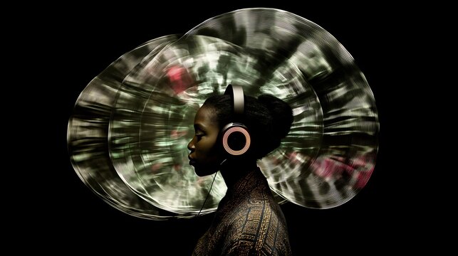 X-ray-style shot of a Black man in oversized headphones, long exposure waveform, drum and bass, a glowing waveform snaking through his translucent skull.