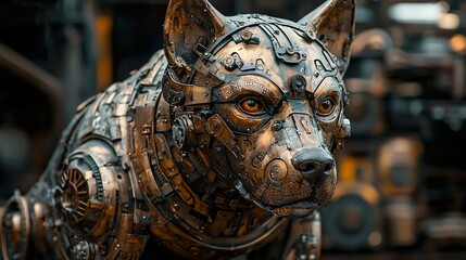 Fototapeta premium Steampunk Canine Robot Detailed Metallic Surface and Bright Eyes Futuristic Art Piece.
