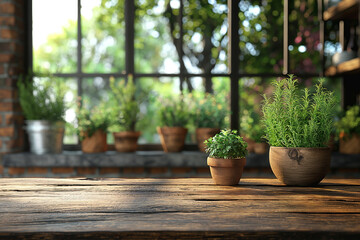 Fototapeta premium Golden sunlight spills onto a rustic wooden table, illuminating potted plants against a backdrop of a large window overlooking a lush garden, symbolizing a tranquil indoor escape.