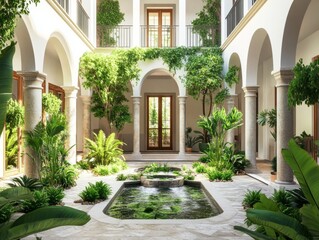 Fototapeta premium Hotel courtyard featuring garden water features greenwhitestone color scheme
