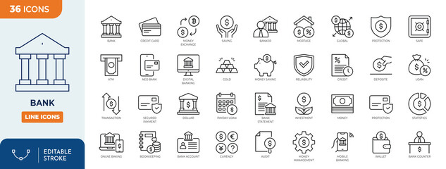 Bank icon set. Containing wallet, online banking, ATM, savings, mortgage, investment, banger and more. Outline Icon Collection. Vector illustration. Editable stroke	