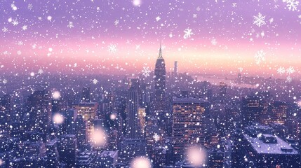 Surreal winter city with crystal-like buildings, floating snowflakes, and a purple twilight sky, ethereal atmosphere