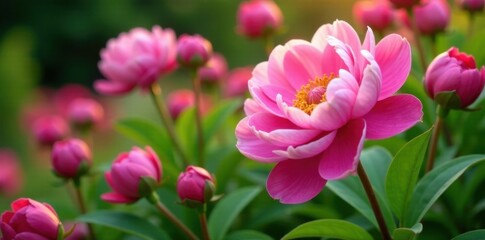 Obraz premium Peony flowers in a garden bed , garden peonies, blooming peonies,