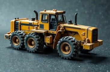 Naklejka premium Miniature yellow model of construction machinery with powerful wheels. Detailed construction equipment. Gray background.