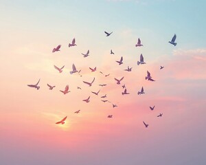 Obraz premium Birds flying in a pastel sunset sky.