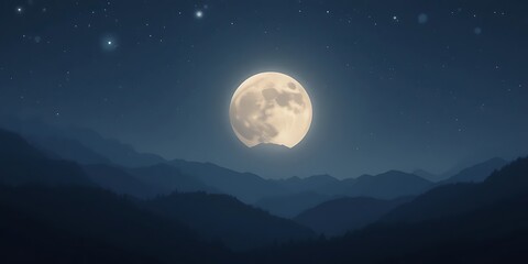 Full Moon Over Silhouetted Mountain Range At Night