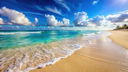 Beautiful sandy beach with crystal clear soft blue ocean wave gently rolling onto shore, beach, sandy, ocean, wave