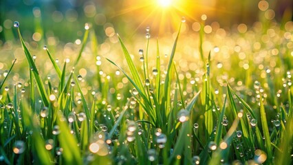 Fototapeta premium Fresh spring green grass with dew drops glistening in the early morning sunlight , nature, vibrant, fresh, green