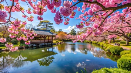 Obraz premium Cherry blossoms in full bloom during a sunny spring day in a Japanese garden, cherry blossoms, springtime, sakura