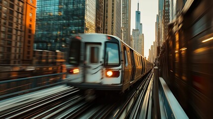 Obraz premium A close-up of the train’s sleek front end as it races through a modern city, skyscrapers reflecting off the windows, motion blur accentuating its speed