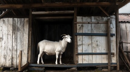 White goat watching in its stable, Dilapidated stable