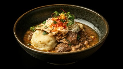 Delicious Asian Beef Stew with Dumplings in a Dark Brown Bowl