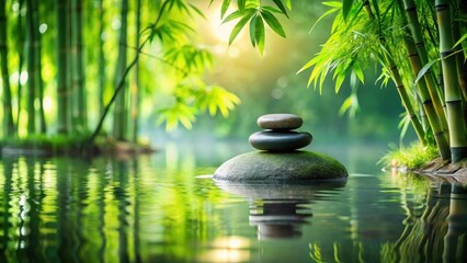 Obraz premium Tranquil Zen stone surrounded by lush greenery and bamboo in a serene lake setting