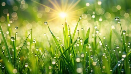 Fototapeta premium Fresh spring green grass with dew drops glistening in the sunlight, grass, spring, green