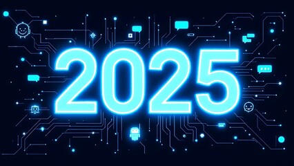 Neon futuristic 2025 digital concept with robot icon and AI symbols on dark background. 3D Rendering