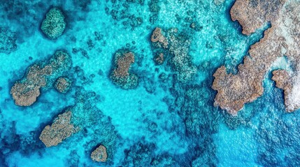 Obraz premium Aerial view of vibrant coral reefs surrounded by clear turquoise waters, showcasing marine life