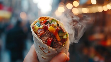 Delicious Steaming Burrito with Meat and Vegetables