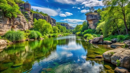 Fototapeta premium A serene panoramic view of a tranquil river flowing gently through lush greenery and rocky formations , flowing water, calm