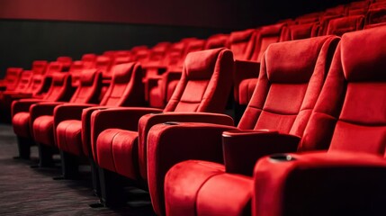 Line of unoccupied red velvet seats in an awards theater. Music ceremony celebration industry honor