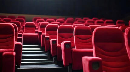 Obraz premium Line of unoccupied red velvet seats in an awards theater. Music ceremony celebration industry honor