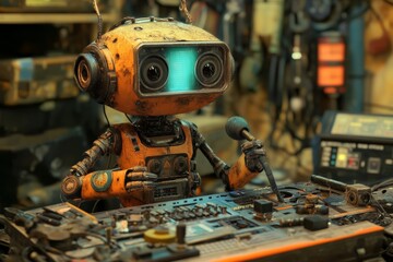 Scratched and scarred robot engaged in vintage audio recording