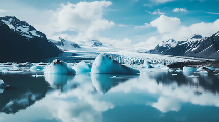 Against the backdrop of snow-capped mountains and rugged terrain, majestic icebergs drift serenely in a glacial lagoon. Wild Lagoon. Illustration